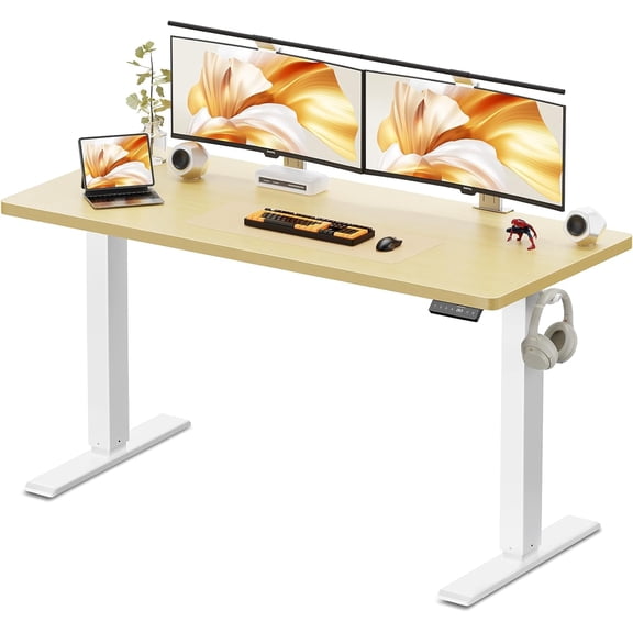 GLZ'HOME 55x24 Inches Height Adjustable Electric Standing Desk with 2 Hooks for Home Office, Ergonomic Sit Stand up Desk with Splice Board, Oak