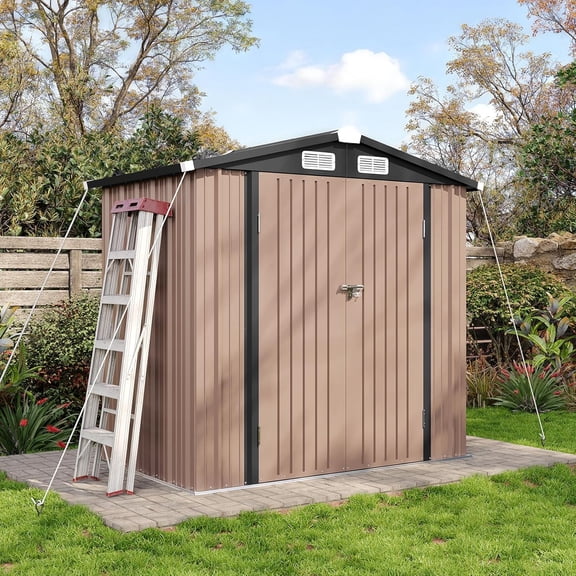 GLZ'HOME 6.2x4 FT Shed with Anchors and Wind-Resistant Ropes Outdoor Storage Shed with Lockable Doors & Slooping Roof Metal Garden Tool Shed for Backyard, Patio, Poolside (Brown)