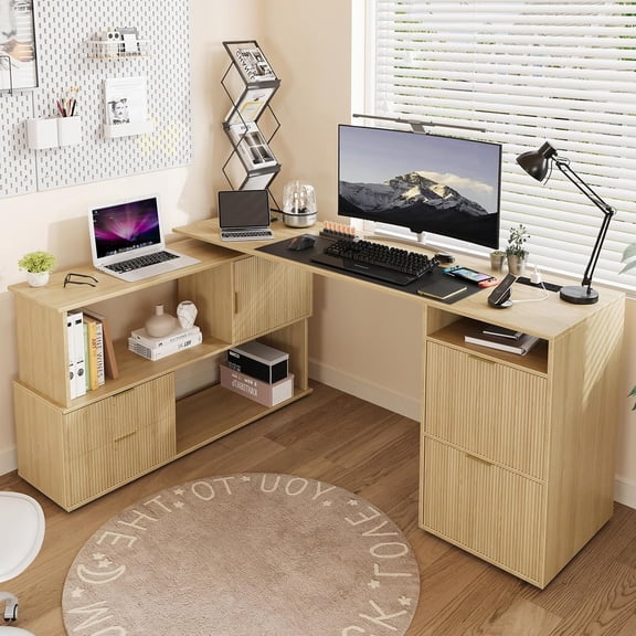 GLZ'HOME 65" L Shaped Standing Desk, 180° Rotatable Corner Desk with Adjustable File Drawer and Power Outlets, Home Office Computer Desk with Storage, Oak