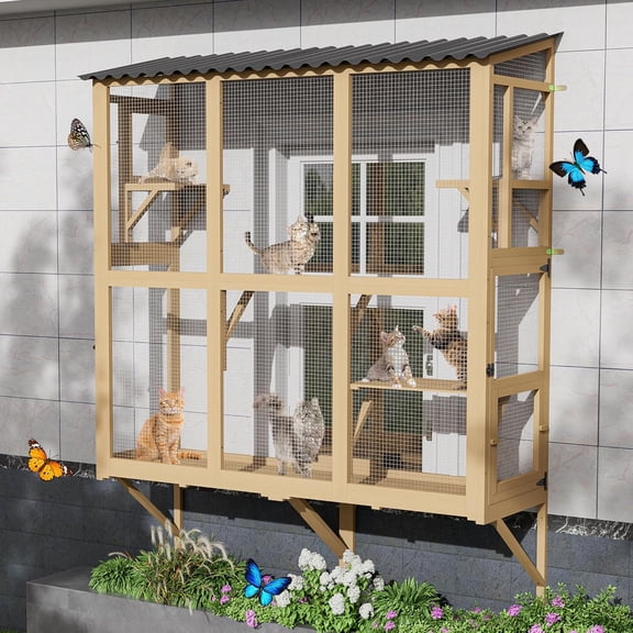 GLZ'HOME Cat Catio, Cat Window Perch for Large Indoor Cats, Window Box Enclosure with 4 Jump Platforms,Wooden Window Hammock for Multi Kittens,All-Weather Use Outdoor Small Pet Perch House (Natural)