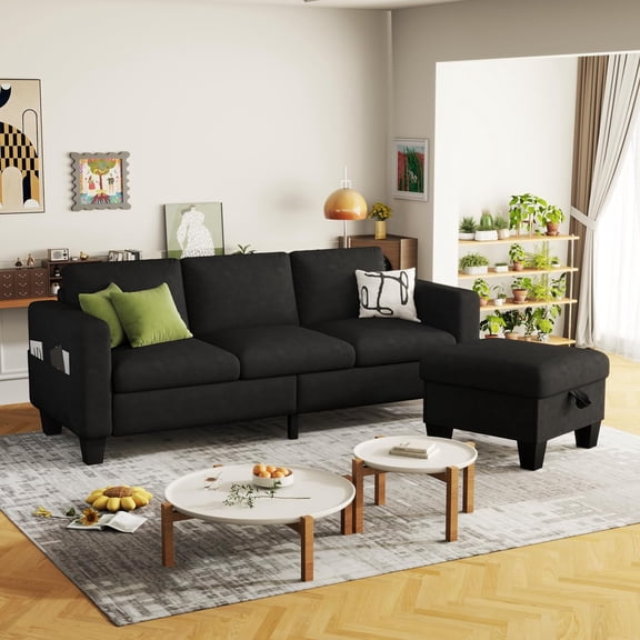 GLZ'HOME Convertible Sectional Sofa Couch: Classic 3 Seat L-Shaped Sectional Sofa Couches with Storage Ottoman - Modern Black Velvet Upholstered Sofa Set for Living Room Office Small Space Apartment