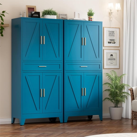 GLZ'HOME Metal Storage Cbinets with Drawer, 71" Filing Cabinet with 4 Adjustable Shelves & 4 Doors, Modern Abstract Rhombus Geometric Design File Cabinet for Home,Office,Garage,Shop,School, Blue