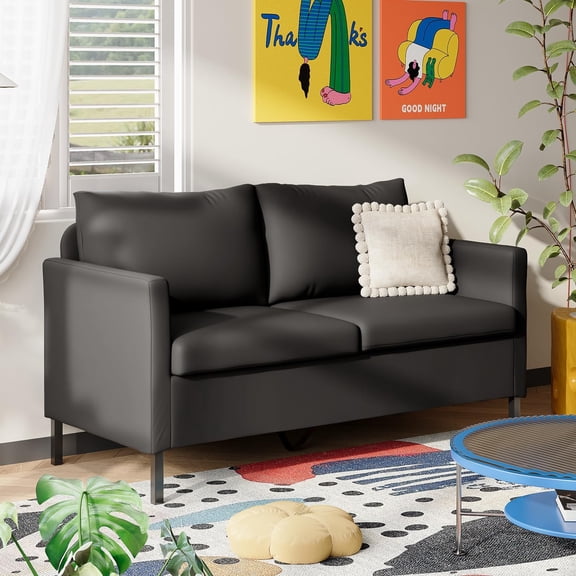GLZ'HOME Modern Faux Leather Small Couches for Small Spaces, Upholstered Black Love Seat for Bedroom, 2 Seater Mini Couch for Dorm, Apartment, Office, Black