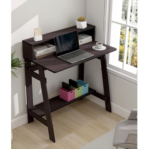 GLZ'HOME Small Desk with Storage, Corner Desk for Small Spaces, Computer Desk Study Desk with Shelf for Home Office Bedroom, Dark Walnut