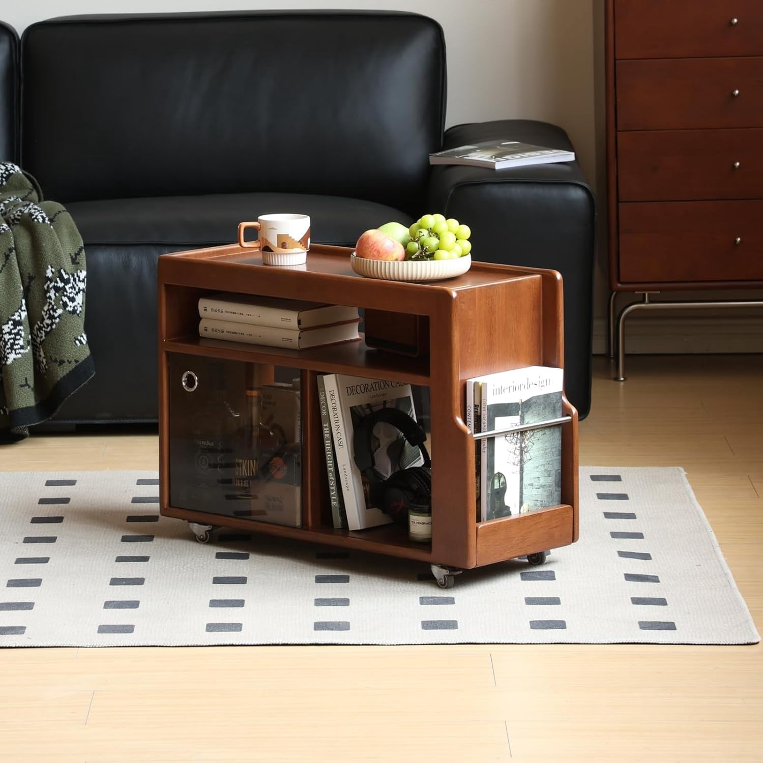 GLZ'HOME Solid Wood Side Table with Wheels, Narrow Side Table with ...