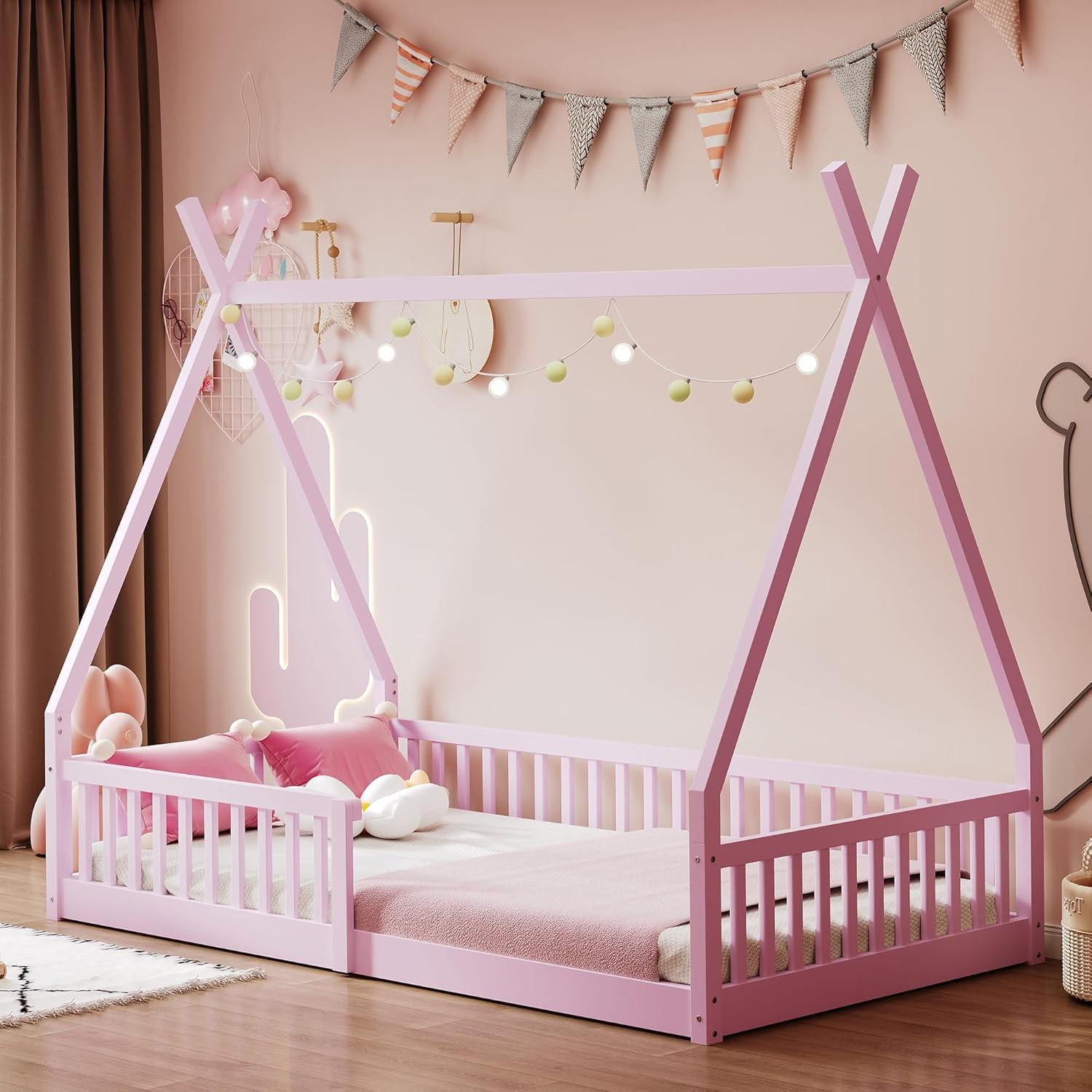 GLZ'HOME Twin House Bed with Fence, Modern Wood Montessori Floor Bed Frame Twin with Guardrails for Boys and Girls Bedroom, No Box Spring Needed (Pink)