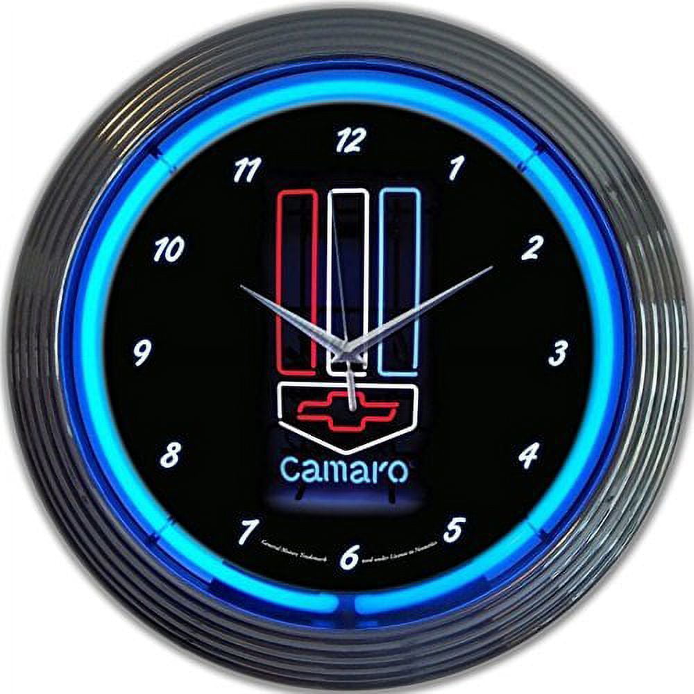 GM Camaro Red White Blue Genuine Electric Neon 15 Inch Wall Clock Glass Face Chrome Finish USA Warranty