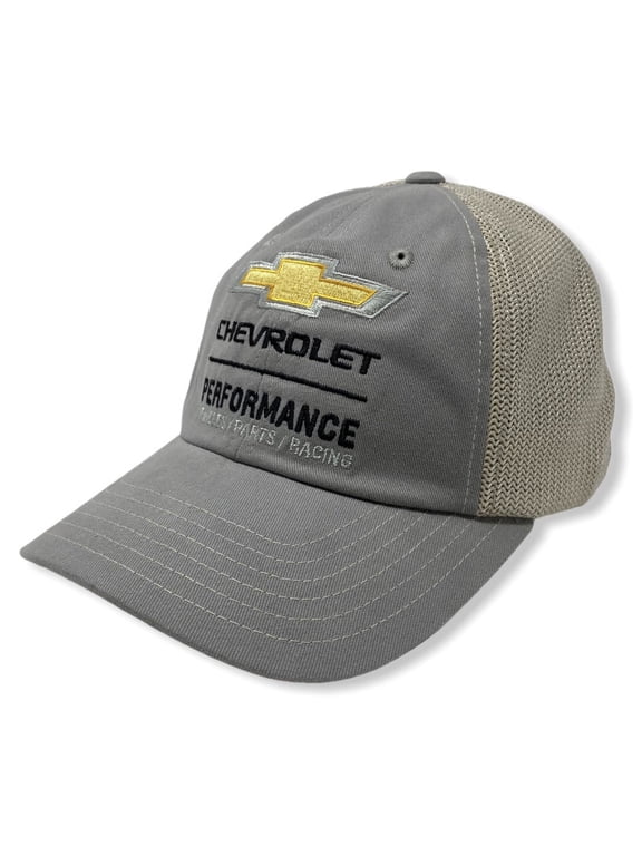 GM Chevrolet Chevy Performance Men's Official Licensed Embroidered Trucker Hat Cap - Grey/Tan