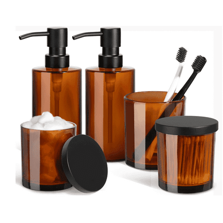 GM GMISUN Amber Bathroom Accessories Set, 5 Pcs Bathroom Set, Amber Glass Soap Dispenser and Toothbrush Holder Set, Qtip Holder and Cotton Ball Holder