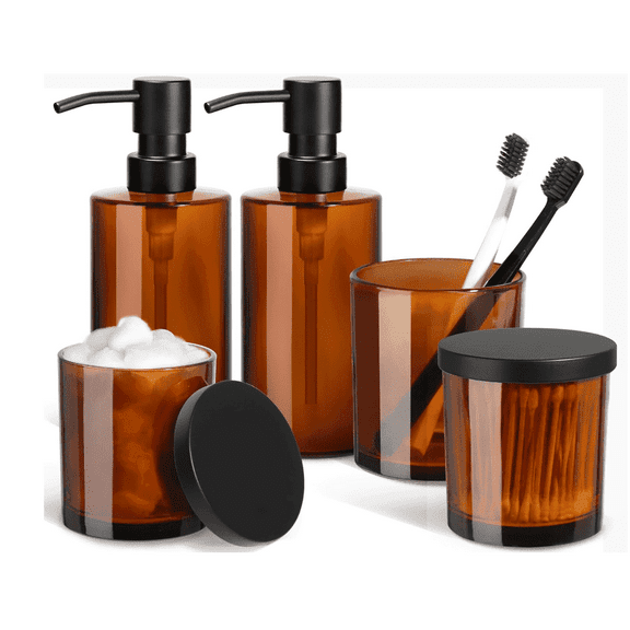 GM GMISUN Amber Bathroom Accessories Set, 5 Pcs Bathroom Set, Amber Glass Soap Dispenser and Toothbrush Holder Set, Qtip Holder and Cotton Ball Holder