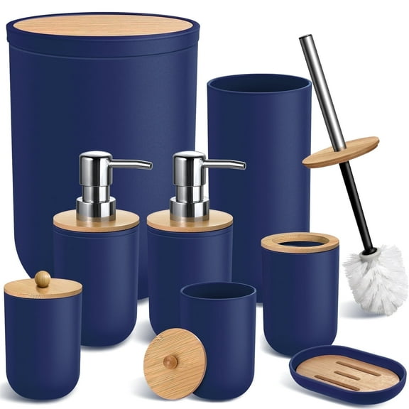 GM GMISUN Blue Bathroom Accessories Set, 8 Pack with Trash Can, Bamboo Bath Soap Dispenser Toothbrush Qtip Holder,Toilet Brush,Soap Dish