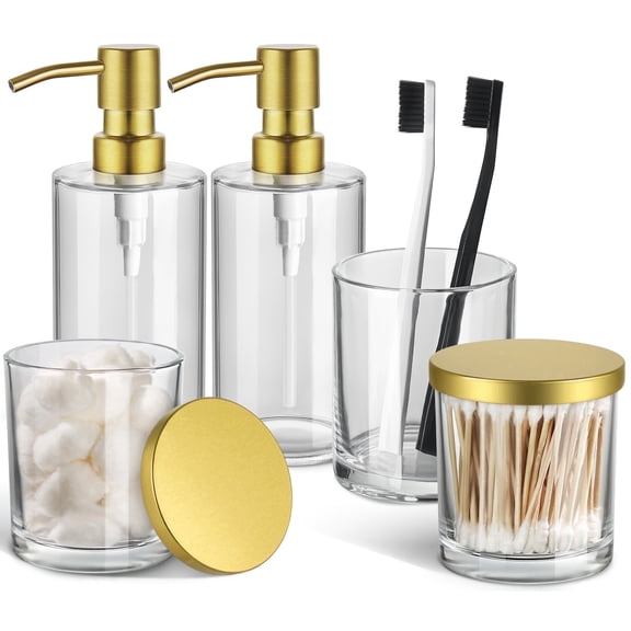 GM GMISUN Glass Bathroom Accessories Set 5Pcs with Soap Dispenser,Toothbrush, Qtip,Cotton Holder