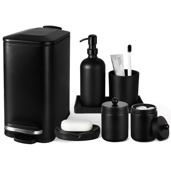 GM GMISUN Black Bathroom Accessories 7Pcs Set with Trash Can, Soap Dispenser, Toothbrush Holder, Soap Dish, Vanity Tray, Qtip Holder, Modern Bathroom Sets Complete Decor