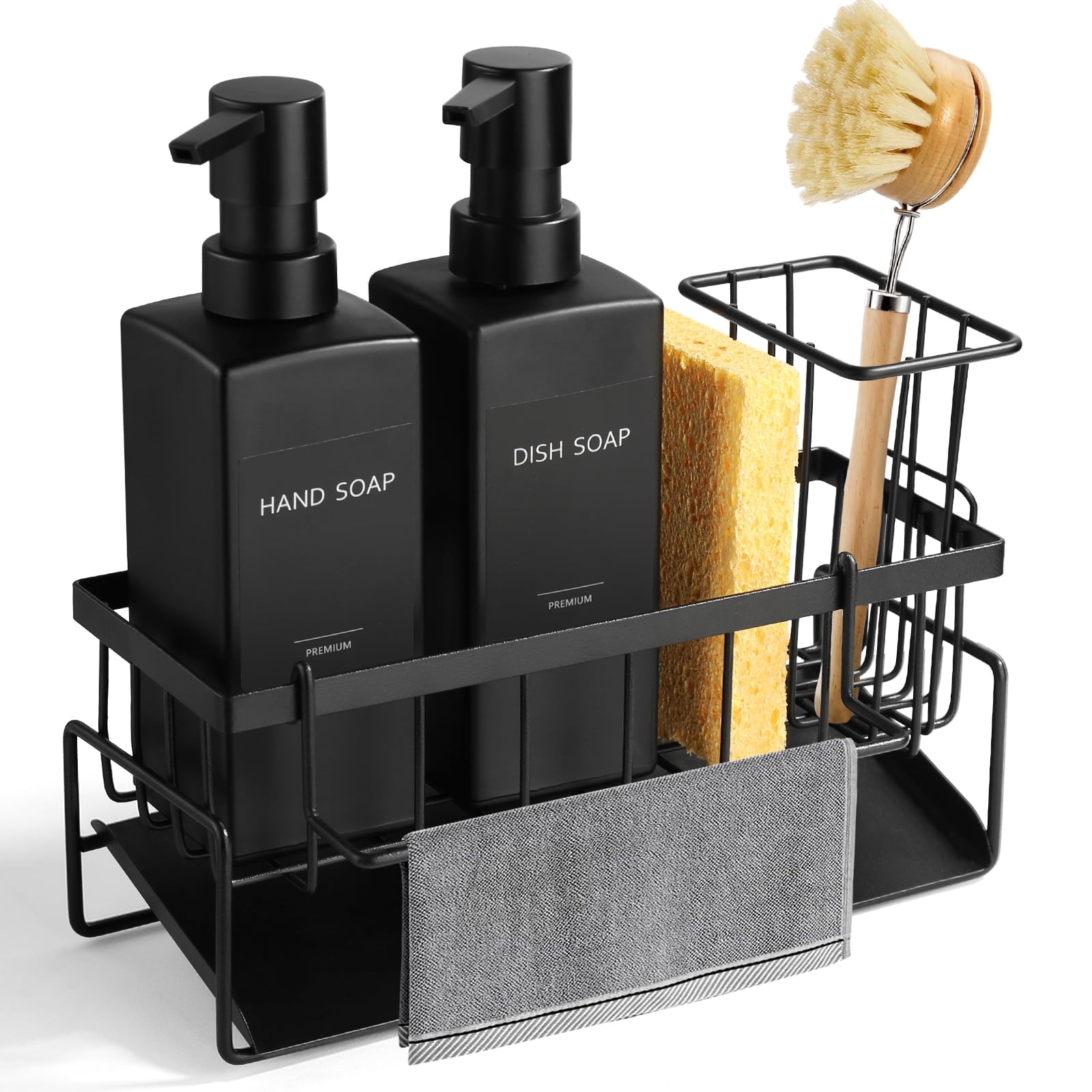 GM GMISUN Dish Soap Dispenser for Kitchen, 12 fl oz/350 ml Kitchen Soap Dispenser with Sponge Holder, Customized Matte Black Kitchen Soap Dispenser Set