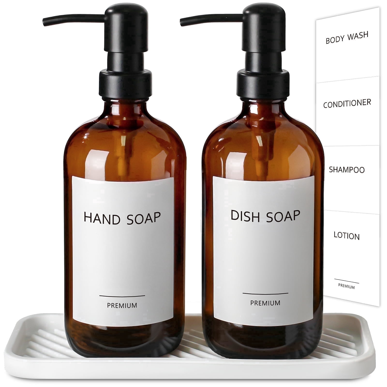 GM GMISUN Kitchen Glass Soap Dispenser Set with Tray, 16 oz Amber Lotion and Conditioner Bottles for Kitchen and Bathroom