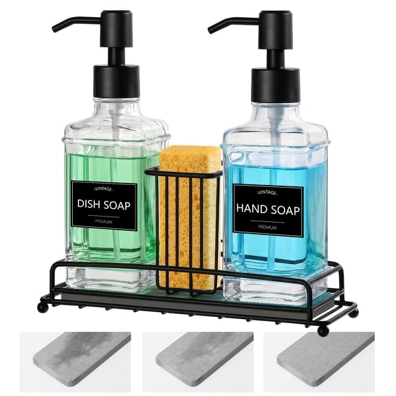 GM GMISUN Kitchen Soap Dispenser Set with Sponge Holder, 10 oz Clear Glass Hand and Dish Dispensers with Diatomaceous Earth Tray