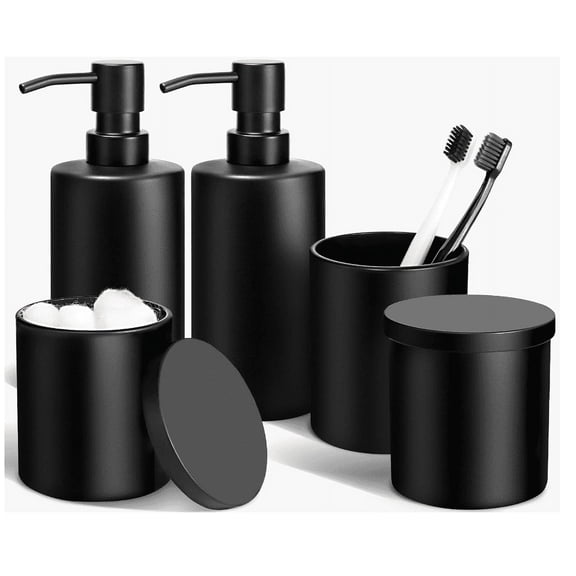 GM GMISUN Matte Black Bathroom Accessories Set, 5 Pcs Bathroom Accessories Set, Glass Soap Dispenser and Toothbrush Holder Set, Qtip Holder and Cotton Ball Holder