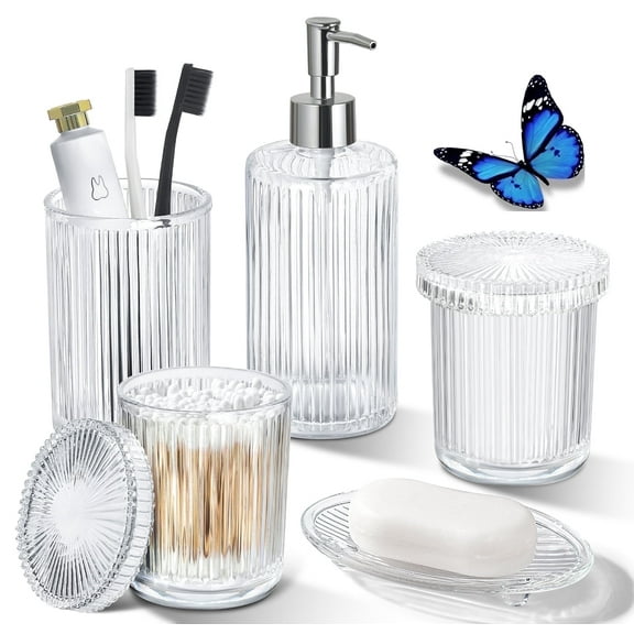 GM GMISUN Modern Retro Minimalist 5-Piece Clear Glass Ribbed Linear Design Glass Soap Dispenser