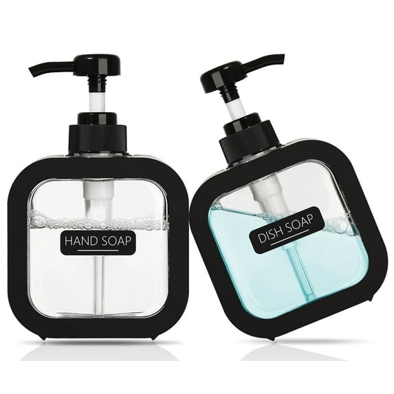 GM GMISUN Hand and Dish Soap Dispenser Set, 2Pack Modern Plastic Dispenser, 10oz with Pump and Labels, Black