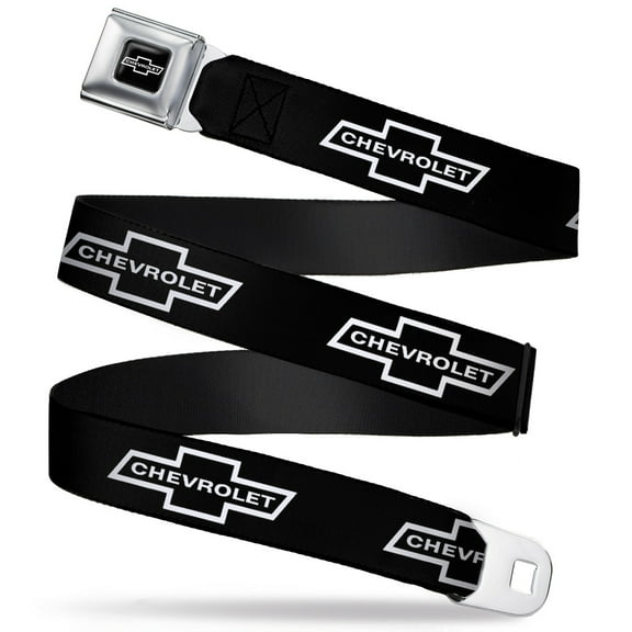 GM General Motors Belt, Seatbelt Buckle Belt, 1965 Chevrolet Bowtie Black White, 24 to 38 Inches