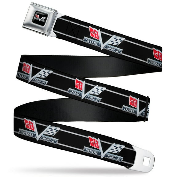 GM General Motors Belt, Seatbelt Buckle Belt, 1967 Impala 396 Turbo Jet V Emblem Stripe Black, 30 to 44 Inches