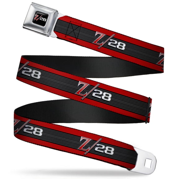 GM General Motors Belt, Seatbelt Buckle Belt, 1969 Camaro Z 28 Emblem Stripe Red Black Gray Silver, 44 to 63 Inches