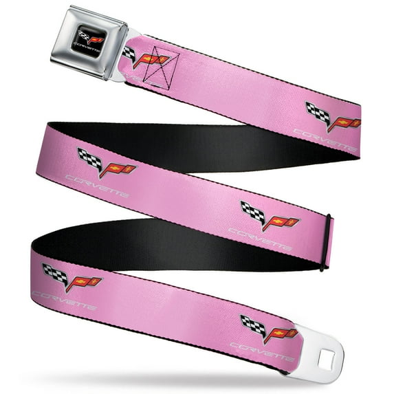 GM General Motors Belt, Seatbelt Buckle Belt, C6 Logo Pink Silver, 44 to 63 Inches