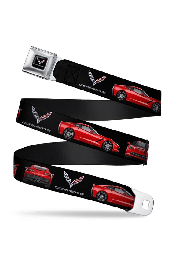 GM General Motors Belt, Seatbelt Buckle Belt, C7 Logo Red C7 Side Front Rear Views Black, 30 to 44 Inches