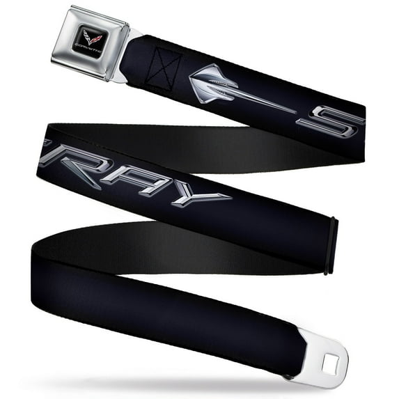 GM General Motors Belt, Seatbelt Buckle Belt, C7 Stingray Logo Black Silver, Youth 22 to 32 Inches
