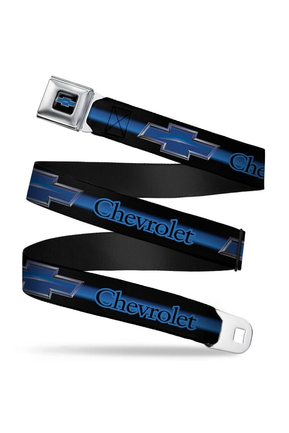 GM General Motors Belt, Seatbelt Buckle Belt, Chevrolet Horizon Bowtie Ombre Black Blue Silver Blue, Youth 22 to 32 Inches