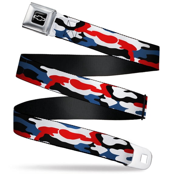 GM General Motors Belt, Seatbelt Buckle Belt, Chevy Americana Camo Red White Blue Black, 32 to 52 Inches