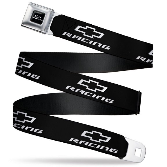 GM General Motors Belt, Seatbelt Buckle Belt, Chevy Bowtie Racing Logo Black White, 24 to 38 Inches
