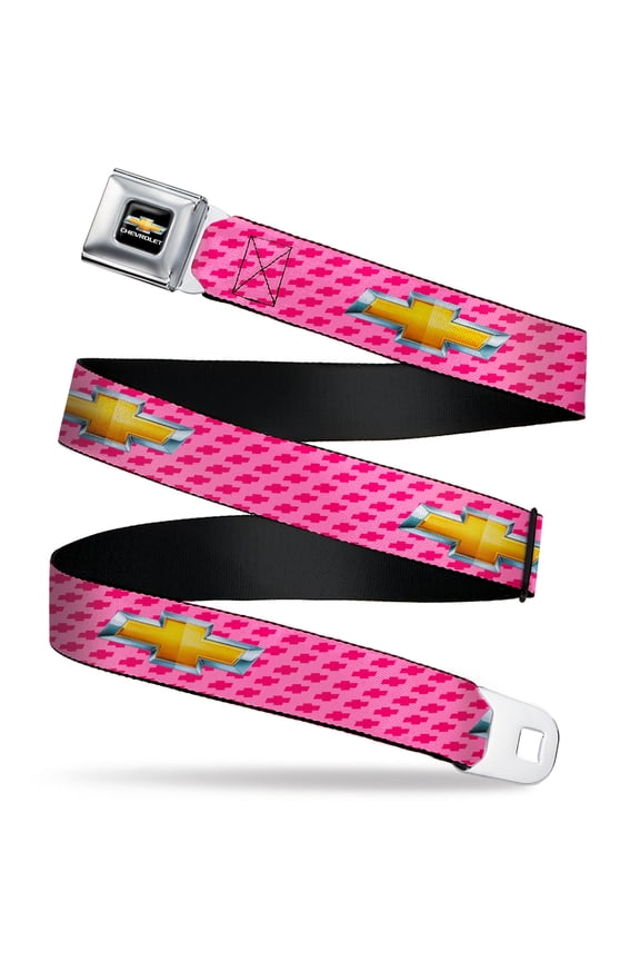 GM General Motors Belt, Seatbelt Buckle Belt, Chevy Gold Bowtie Logo Pink, 44 to 63 Inches