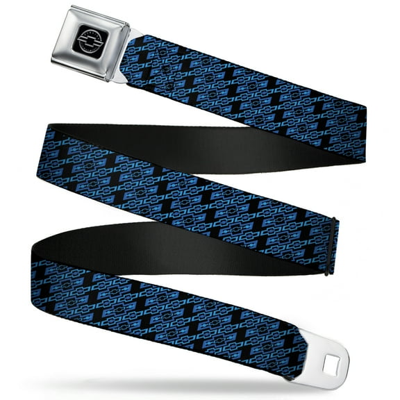 GM General Motors Belt, Seatbelt Buckle Belt, Diagonal Retro Chevy Bowtie Monogram Black Blues, 30 to 44 Inches