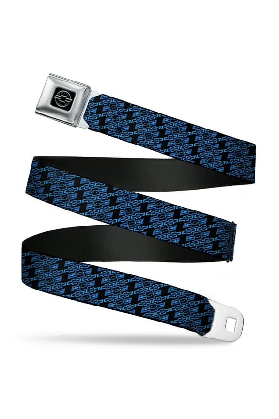 GM General Motors Belt, Seatbelt Buckle Belt, Diagonal Retro Chevy Bowtie Monogram Black Blues, 34 to 52 Inches