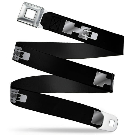 GM General Motors Belt, Seatbelt Buckle Belt, H3 Black Silver Logo Repeat, Youth 22 to 32 Inches