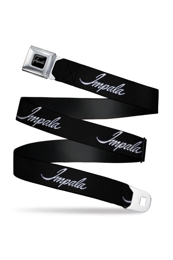 GM General Motors Belt, Seatbelt Buckle Belt, Impala Script Emblem Black Silver, 32 to 52 Inches