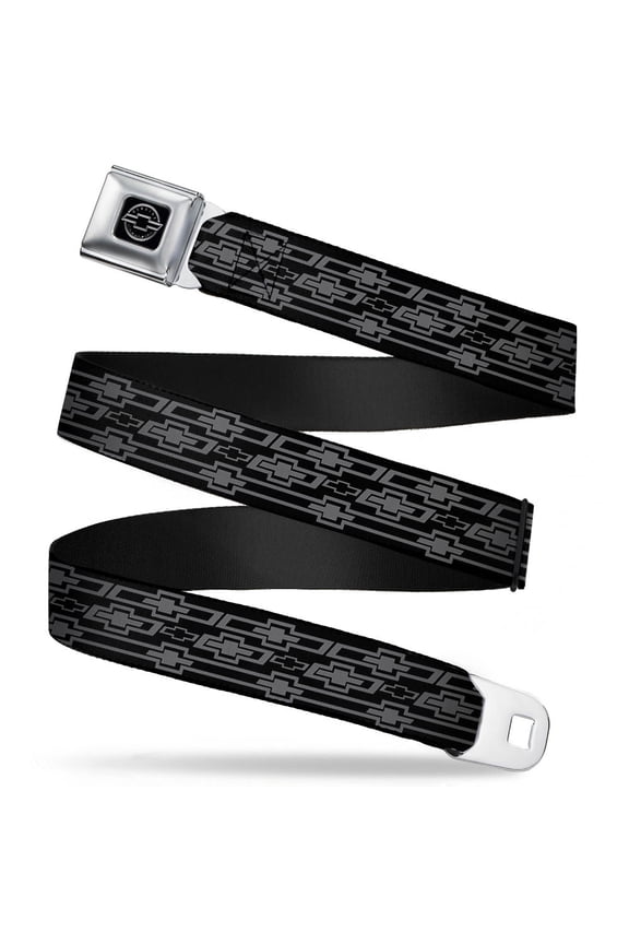 GM General Motors Belt, Seatbelt Buckle Belt, Retro Chevy Bowtie Monogram Black Gray, 30 to 44 Inches