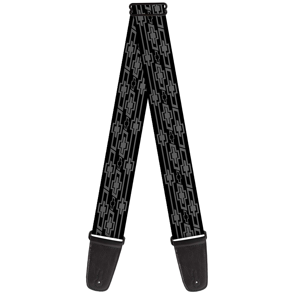 GM General Motors Guitar Strap, Retro Chevy Bowtie Monogram Black Gray, 2 Inches Wide