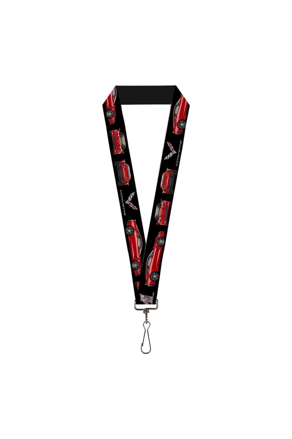 GM General Motors Lanyard, C7 Logo Red C7 Side Front Rear Views Black, Elastic
