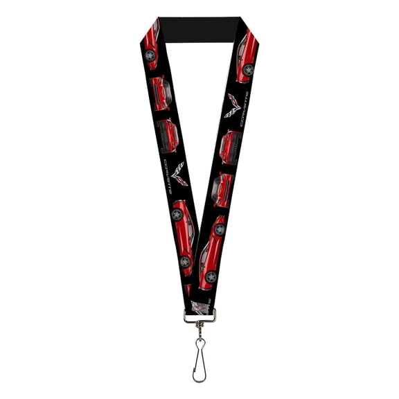GM General Motors Lanyard, C7 Logo Red C7 Side Front Rear Views Black, Elastic