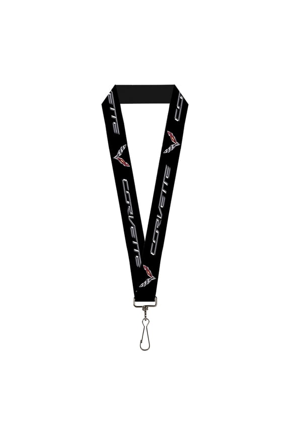 GM General Motors Lanyard, Corvette C7 Logo Black Silver Red, Elastic