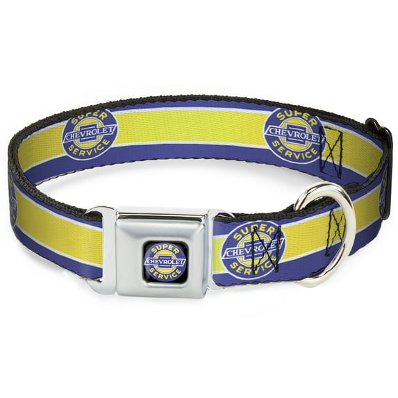 GM General Motors Pet Collar, Dog Collar Metal Seatbelt Buckle, Chevrolet Super Service Logo Stripe Blue White Yellow, 15 to 24 Inches 1.0 Inch Wide