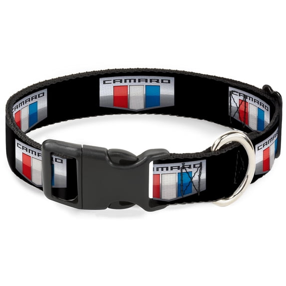 GM General Motors Pet Collar, Dog Collar Plastic Buckle, Camaro Six Badge Black Silver Red White Blue, 20 to 31 Inches 1.5 Inch Wide