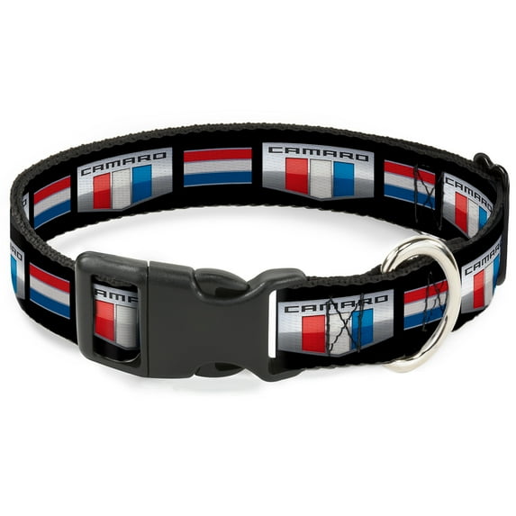 GM General Motors Pet Collar, Dog Collar Plastic Buckle, Camaro Six Badge Stripe Black Silver Red White Blue, 16 to 23 Inches 1.5 Inch Wide