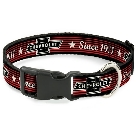 GM General Motors Pet Collar, Dog Collar Plastic Buckle, Chevrolet Bowtie Since 1911 Stars Stripe Black Red Ivory, 7 to 8.5 Inches 0.5 Inch Wide