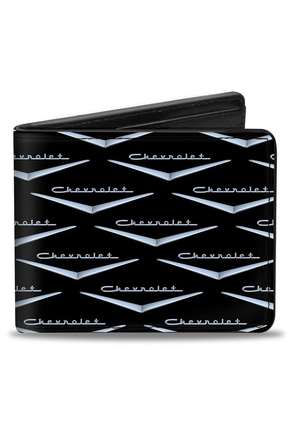 GM General Motors Wallet, Bifold, 1955 to 57 Chevrolet V Emblem Monogram Black Silver, Vegan Leather