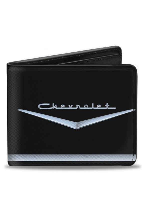 GM General Motors Wallet, Bifold, 1955 to 57 Chevrolet V Emblem Stripe Black Silver, Vegan Leather