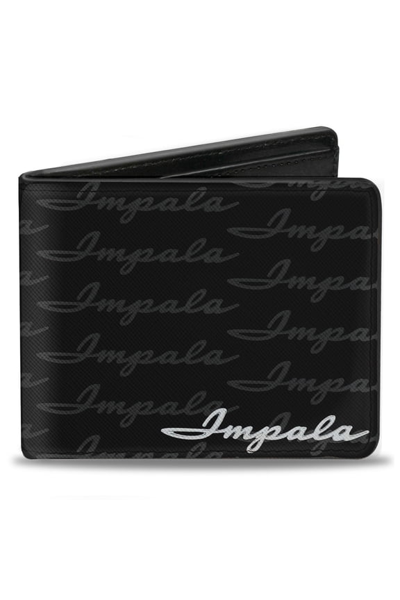 GM General Motors Wallet, Bifold, 1962 Impala Script Emblem Repeat Black Silver, Vegan Leather