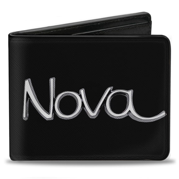 GM General Motors Wallet, Bifold, 1968 to 72 Nova Script Emblem Black Silver, Vegan Leather